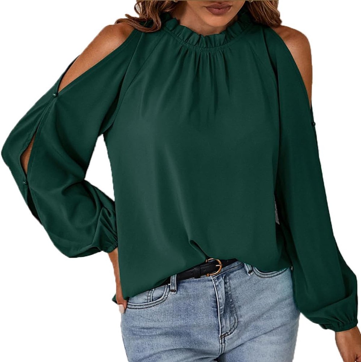 Chiffon, plissé, lantaarnmouwen, lange mouwen, elegant, ronde hals, bovenstuk, los, eenkleurig, tuniek, tops