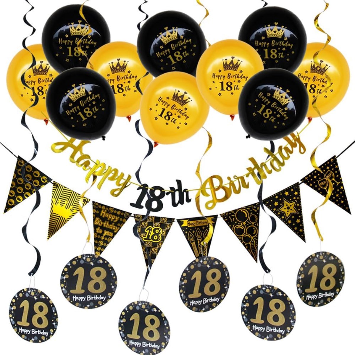 18e verjaardag decoratie, zwart goud decoratie 18e verjaardag jongen meisje, 18e verjaardag hangend wervel decoratie, verjaardagsdecoratie 18 lange banner, driehoekige vlag banner