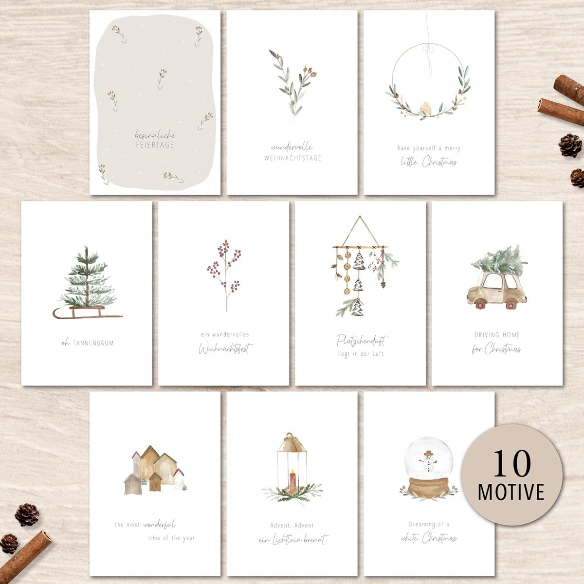 -10 verschillende kerstpostkaarten in set - mooie spreuken en leuke aquarelmotieven A6-kaarten om cadeau te geven wenskaart voor Kerstmis, kerstpostkaart