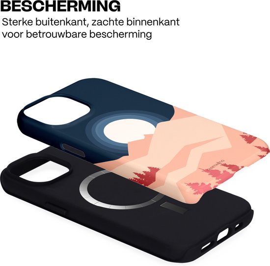 Telefoonhoesje met berglandschap in de kleuren blauw, lichtroze en rood. De binnenkant is zwart.