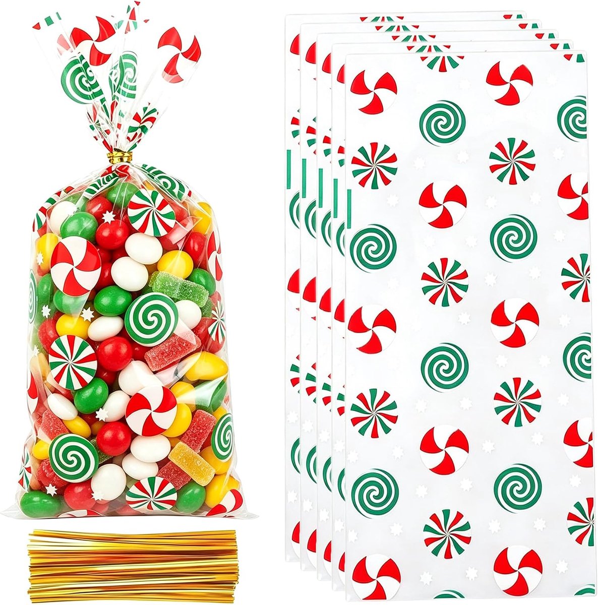 cellofaan zakjes met sluitbanden, 50 stuks transparante bedrukte plastic zakken voor snoep, koekjes, lekkernijen, snacks, geschenken voor winterfeestdagen en feestbenodigdheden