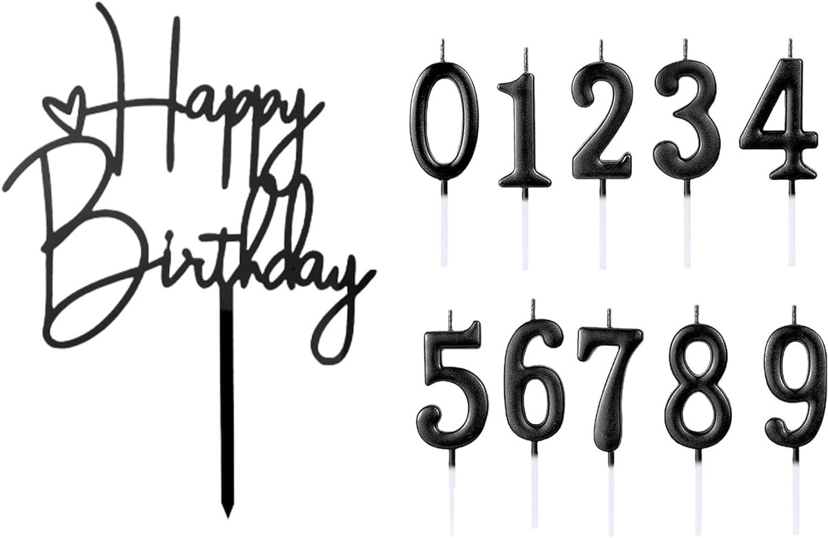 10 stuks Happy Birthday taartdecoratie met cijfer 0-9 verjaardag cijferkaarsen, zwarte verjaardagsdecoratie, acryl taartdecoratie Happy Birthday, verjaardagstaartdecoratie (10 cm breed)