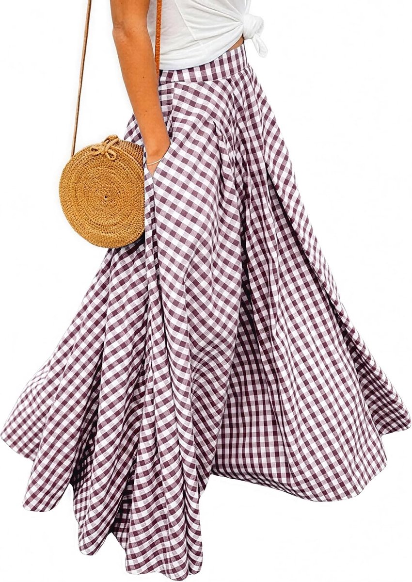 Broek Dames Ruit Hoge Taille Maxi Strand A-Line Rok met Zijzakken