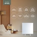 Witte Varín verwarmingspaneel met extra opties: touch bediening, kamerthermostaat, raamdetectie, IP24, timer, kinderbeveiliging en extra lange kabel.