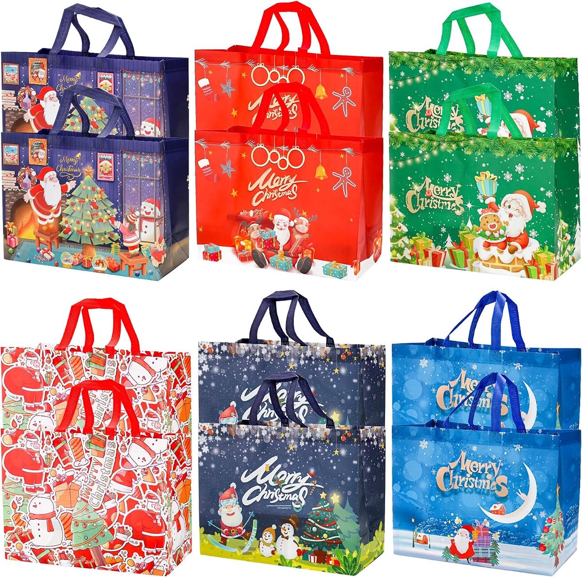 kersttassen, geschenkzakken, 12 stuks kersttassen met handvat, herbruikbare geschenktas, niet-geweven feesttraktatietas, waterdichte draagtas, geschenkzakje voor kerstvakantie, gunsten voor