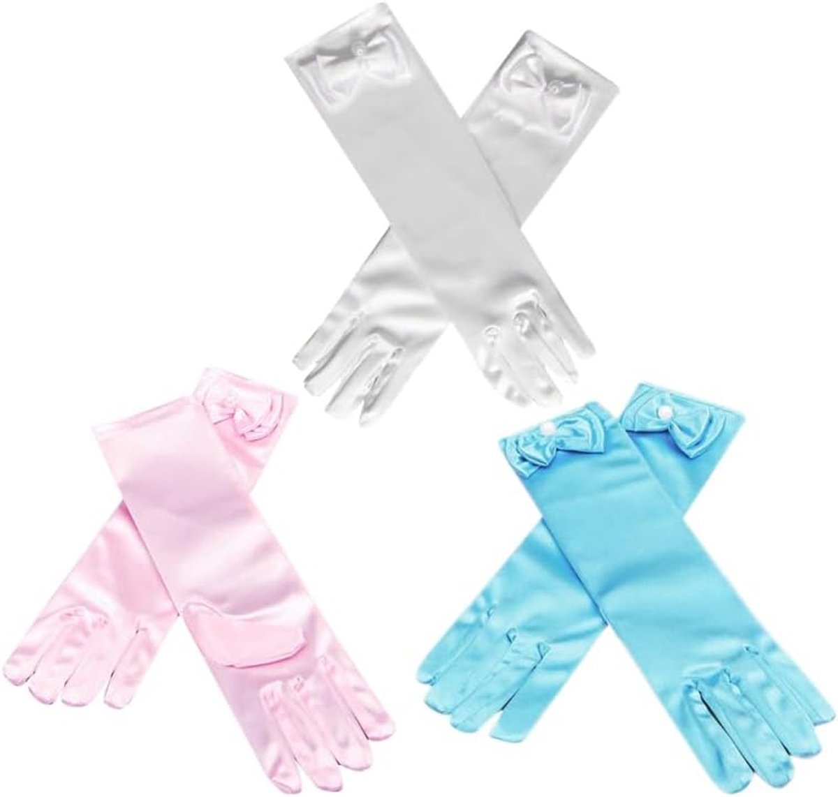 Handschoenen voor meisjes, wit, roze en lichtblauw, voor bruiloften, ballet-feestjes en fotoshoots, van hoogwaardig duurzaam satijn met elegante striklook