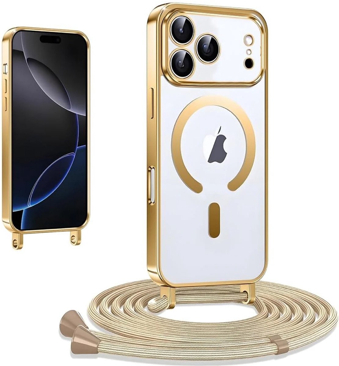 Casemania Hoesje Geschikt voor Apple iPhone 18 Pro - Goud - Siliconen Back Cover met Koord - Geschikt voor MagSafe - Telefoonhoesje met Koord - Crossbody Lanyard Cord Case