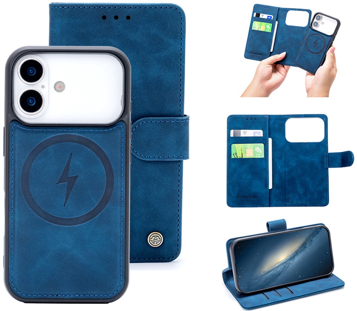 Casemania Hoesje Geschikt voor Apple iPhone 18 Pro - Navy Blue - Kunstleer 2 in 1 Afneembare Bookcase - Geschikt voor MagSafe - Magnetische Telefoonhoesje met Pasjeshouder en Standaardfunctie