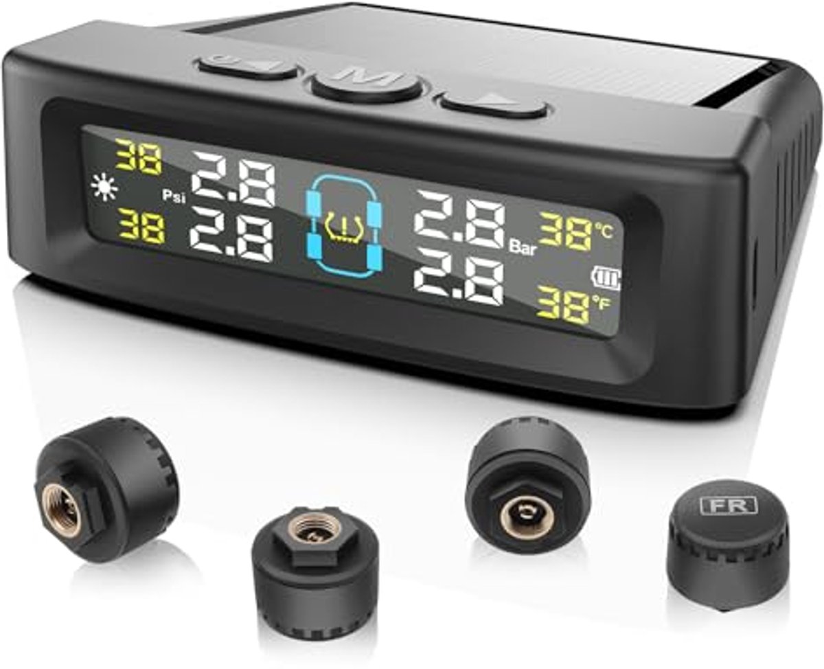 Bandenspanningscontrolesysteem TPMS Solar Draadloos USB Oplaadbaar Bandenspanningsmeter, Digitaal Display met 4 Externe Sensoren en 4 Alarmmodi, Real-Time Drukweergave voor Auto, SUV