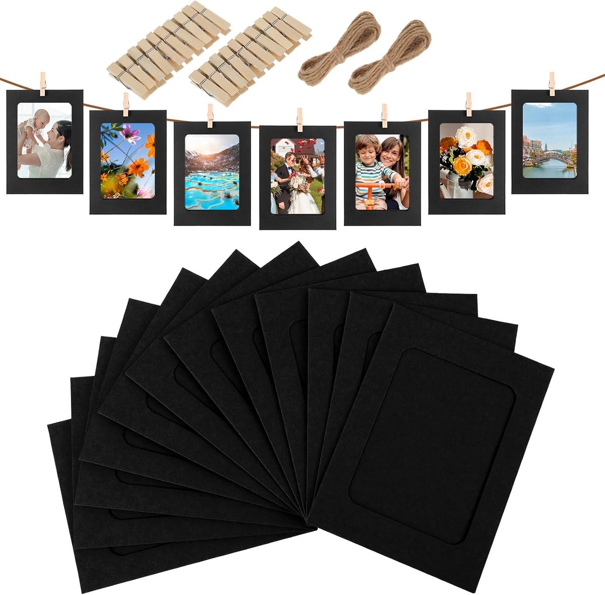 Lijsten, 10 x 15 cm hangende foto display banner hangende foto's met string papieren fotolijsten met clips doe-het-zelf fotohouder voor thuis bruiloft feest kantoor verjaardag