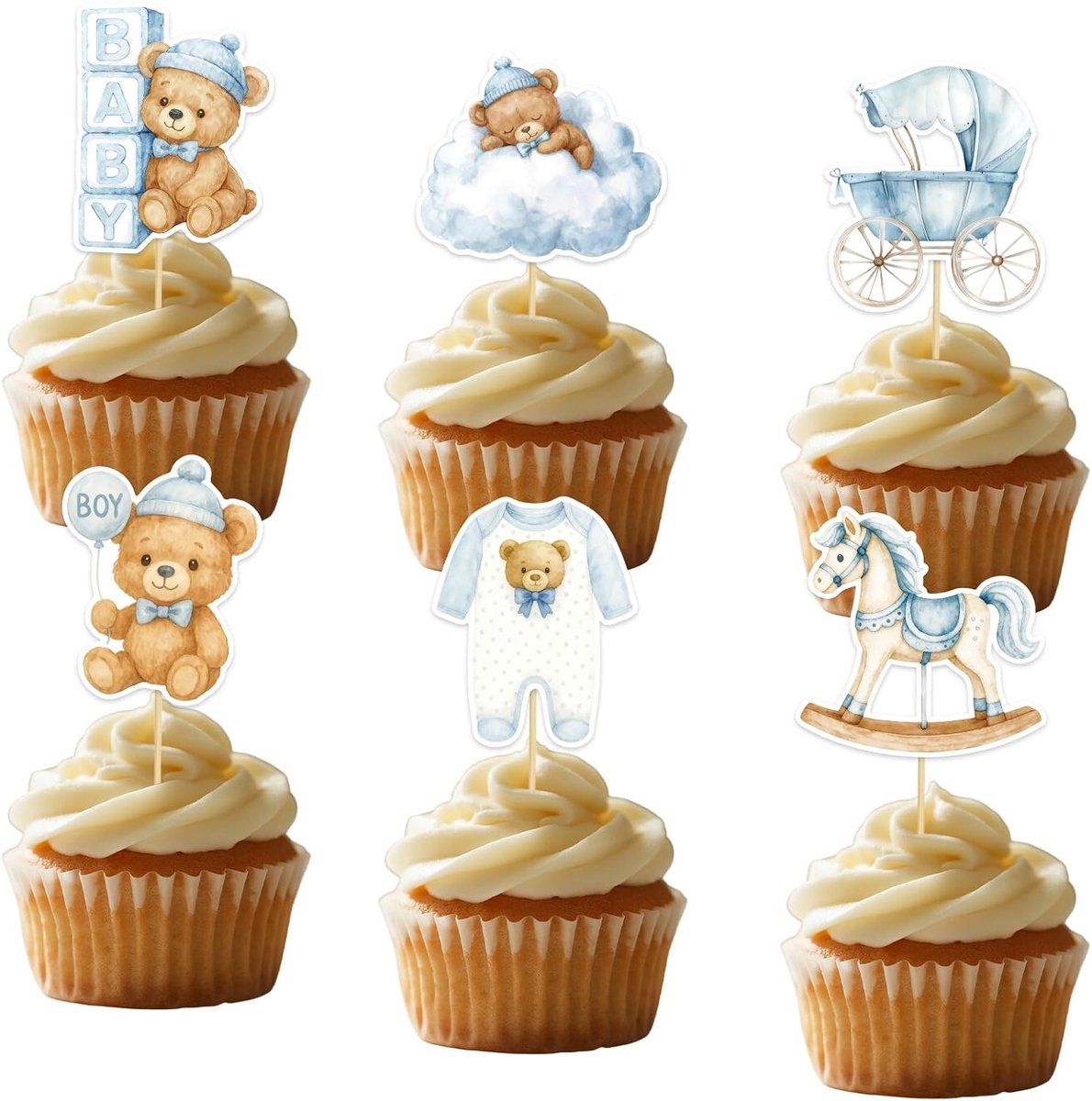 36st Babyjongen Beer Cupcake Toppers, 6 Stijlen Babyjongen Cupcake Decoraties met Beer Schommelpaard Wolk Rompertje Kinderwagen Ontwerpelement voor Themafeest Verjaardagsfeestbenodigdheden