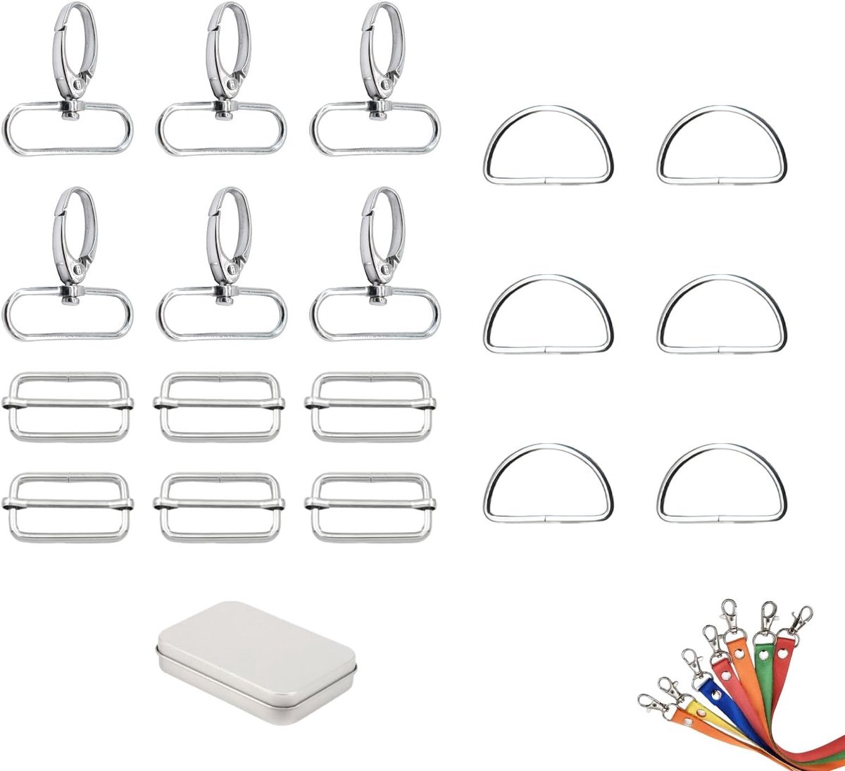 Armband Sluitingen Set – 6 D-Vormige Ringen, 6 Draai Klittenband Sluitingen & 6 Schuifsluitingen voor Sieraden en Accessoires – Zilver, Geschikt voor Handgemaakte Sieraden en Ambachtelij