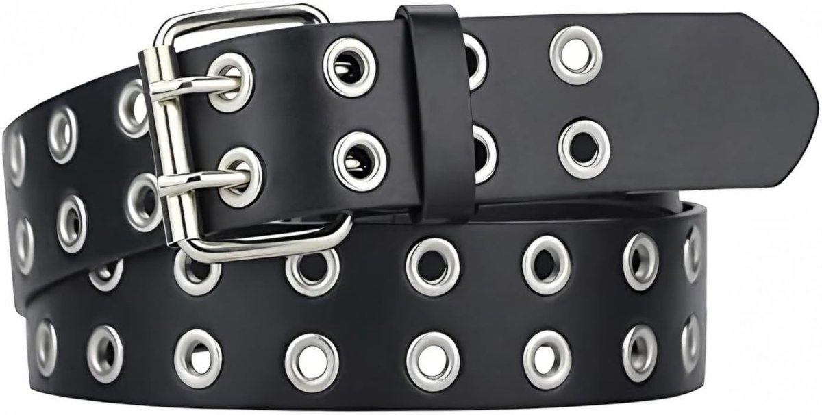 Zwarte Leren Ceintuur voor Dames 110cm, Dubbele Gaten, Punkstijl, Geschikt voor Diverse Kleding en Jeans, Modieuze Accessoire