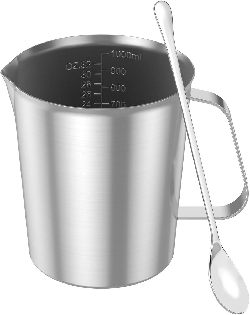 Maatbeker van roestvrij staal, 1000 ml, met fijne schaal, druppelbeschermingsdeksel en handvat, melkkannetje, roestvrijstalen maatbeker met roerlepel, maatbeker voor thuis, keuken, restaurant