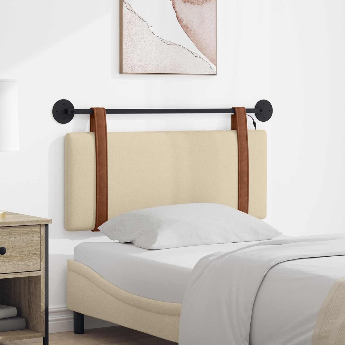 Hoofdeinde van Het bed, PU-hoes met Schuimvulling, Wandmontageset, Ophangontwerp, Afneembare Riemen, Metalen Strip en Rugleuning voor Binnenslaap (met LED)