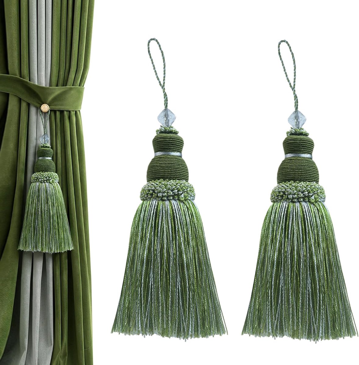 2 stks Kleurrijke Gordijn Kwastje Tiebacks 9.2 Inch Zijdeachtige Kwastjes voor Antieke Meubels Teryleen Hanger Deurknoppen Kasten Woondecoratie (Gras Groen Gemengd)