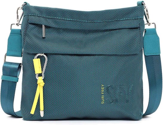 Groene schoudertas met gele sleutelhanger en petrolkleurige hengsels.