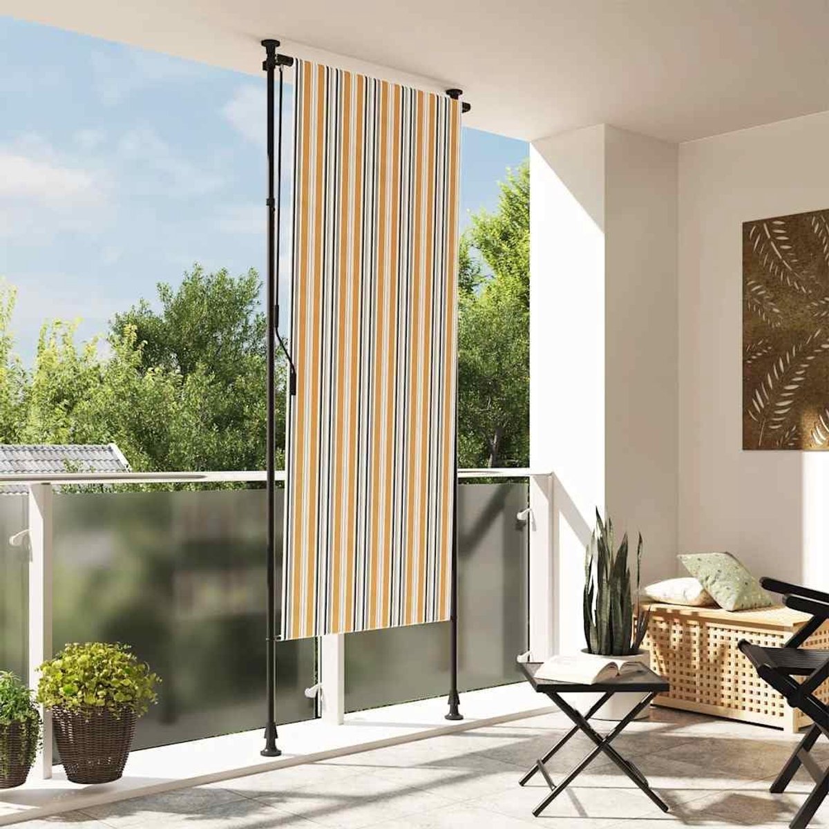 Rolgordijn voor buiten, geel en wit, 120 x 270 cm, van stof en staal, intrekbaar zonwerend rolgordijn met zwengel en verstelbare steunstangen, voor terras, balkon, tuin, uv-bestendig