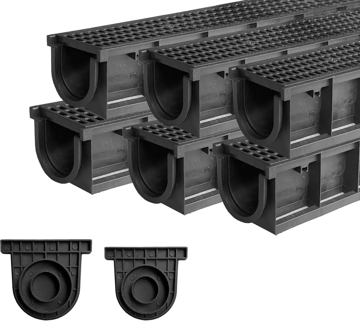 Afwateringsgoot met HDPE-afdekrooster, bodemgoot, afvoergoot, drainagesysteem voor tuin, terras, zwembad, duurzaam, antislip, beloopbaar, A15, voor kg-buis DN110, 6 m