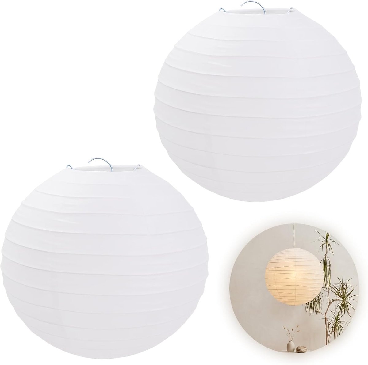 2 stuks Papieren lampenkap rond, witte lampionnen, opvouwbare papieren lantaarns om op te hangen voor DIY-opschrift en decoratie in woonkamer, feest, tuin en bruiloft, eenvoudig design