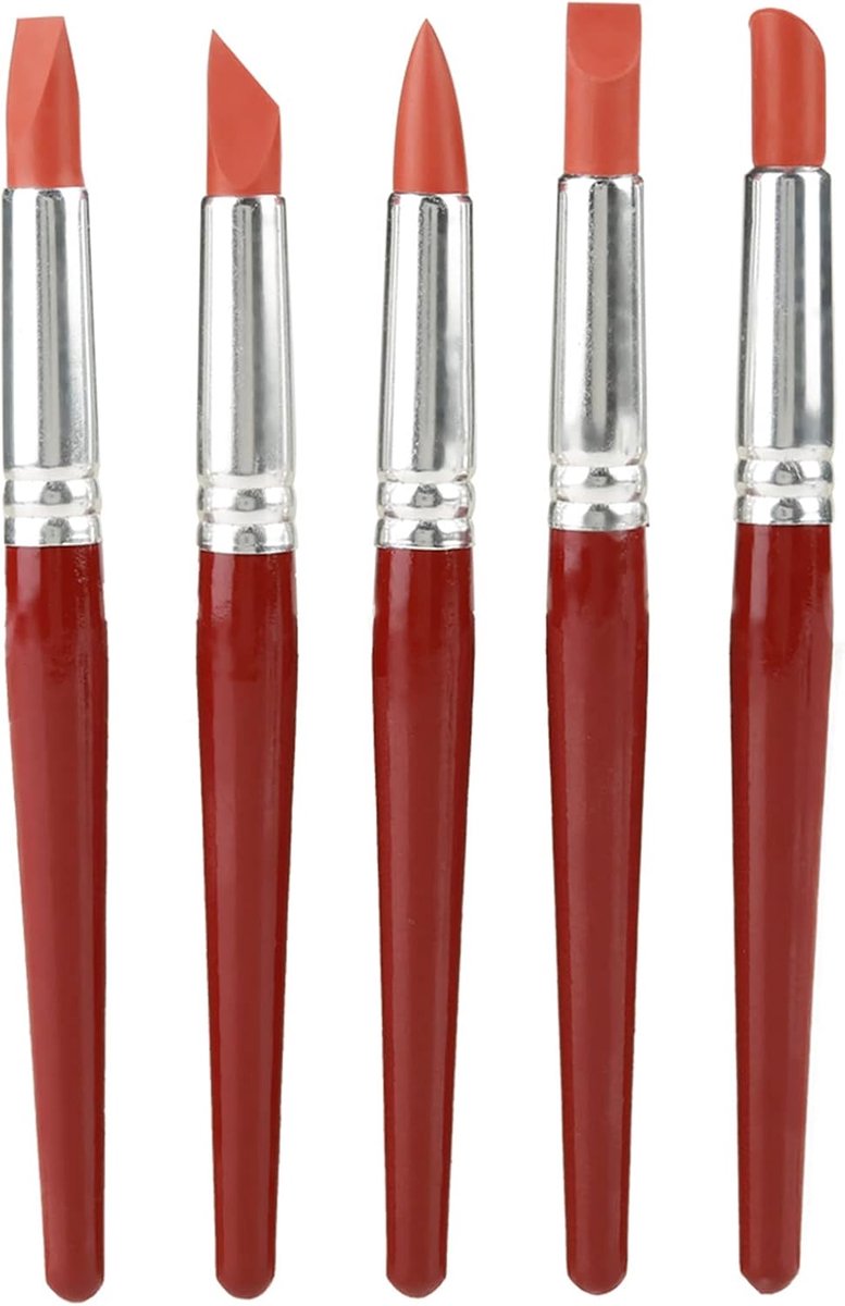 Dailygoods- Borstels Set van 5 - Rubberen Tip - Siliconen Kop - Houten Handvat - Voor Snijden/Vormgeven - Lengte 18 cm - Modelleertools