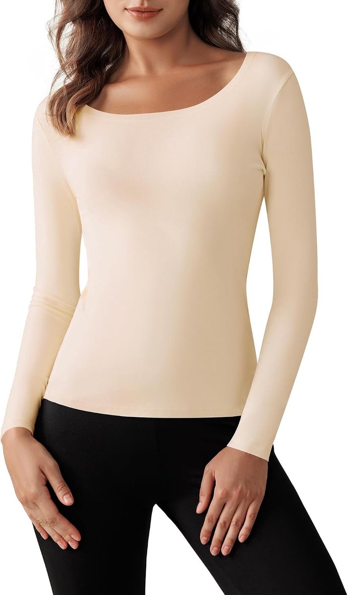 Thermische top met lange mouwen voor dames, fleece, thermo-onderhemd, ronde hals, warm bovenstuk