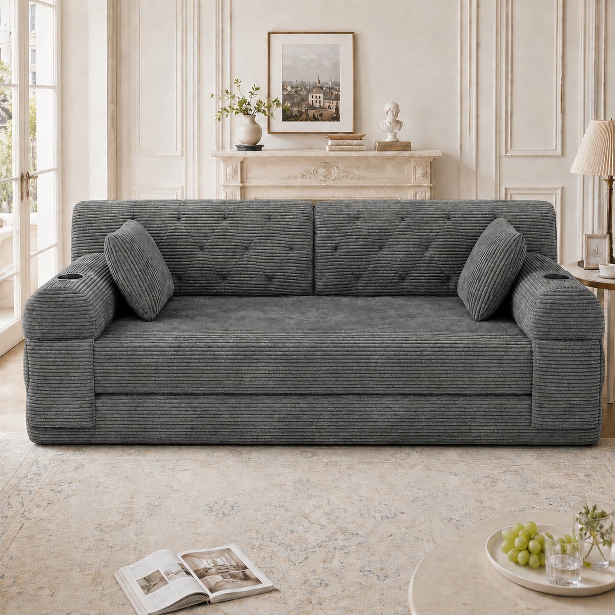REDOM Slaapbank - 2 zitplaatsen - Slaapfunctie - Hoge rugleuning met metalen frame - 4 zijvakken en 2 bekerhouders - Corduroy - Donkergrijs - 168 x 80 x 81 cm