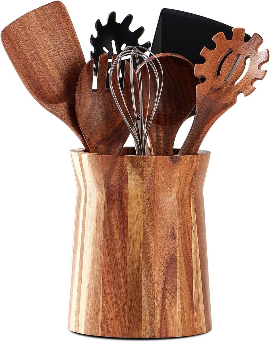 Keukengerei Houder - Houten Bestekhouder voor Aanrecht - 360° Draaiende Keukenhouder - Acaciahout - 15cm breed, 18,5cm hoog - Groot