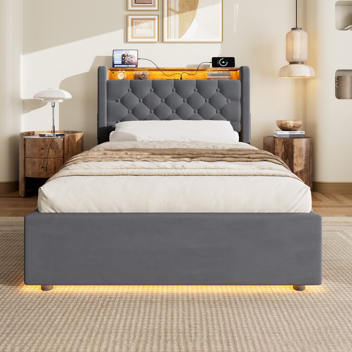 WUVRIE Gestoffeerd bed 90x190 cm met hydraulische opbergruimte, led, USB-A/USB-C en plank, grijs