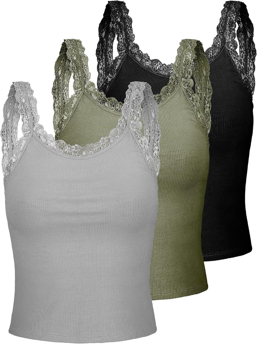 3 stuks kanten patchwork tanktop, kanten hemdje, tanktop, mouwloze cami-crop-top, kanten bies, y2k tops, Grijs, Legergroen, Zwart, M