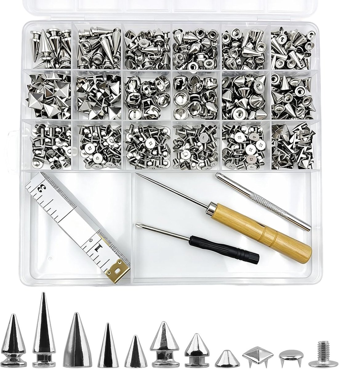 456 stuks klinknagels set met gereedschap en meetlint, schroefklinknagels voor leer, doe-het-zelf, punk, sierklinknagels, metalen studs voor kleding, riemen, tassen, schoenen, jassen, jeans