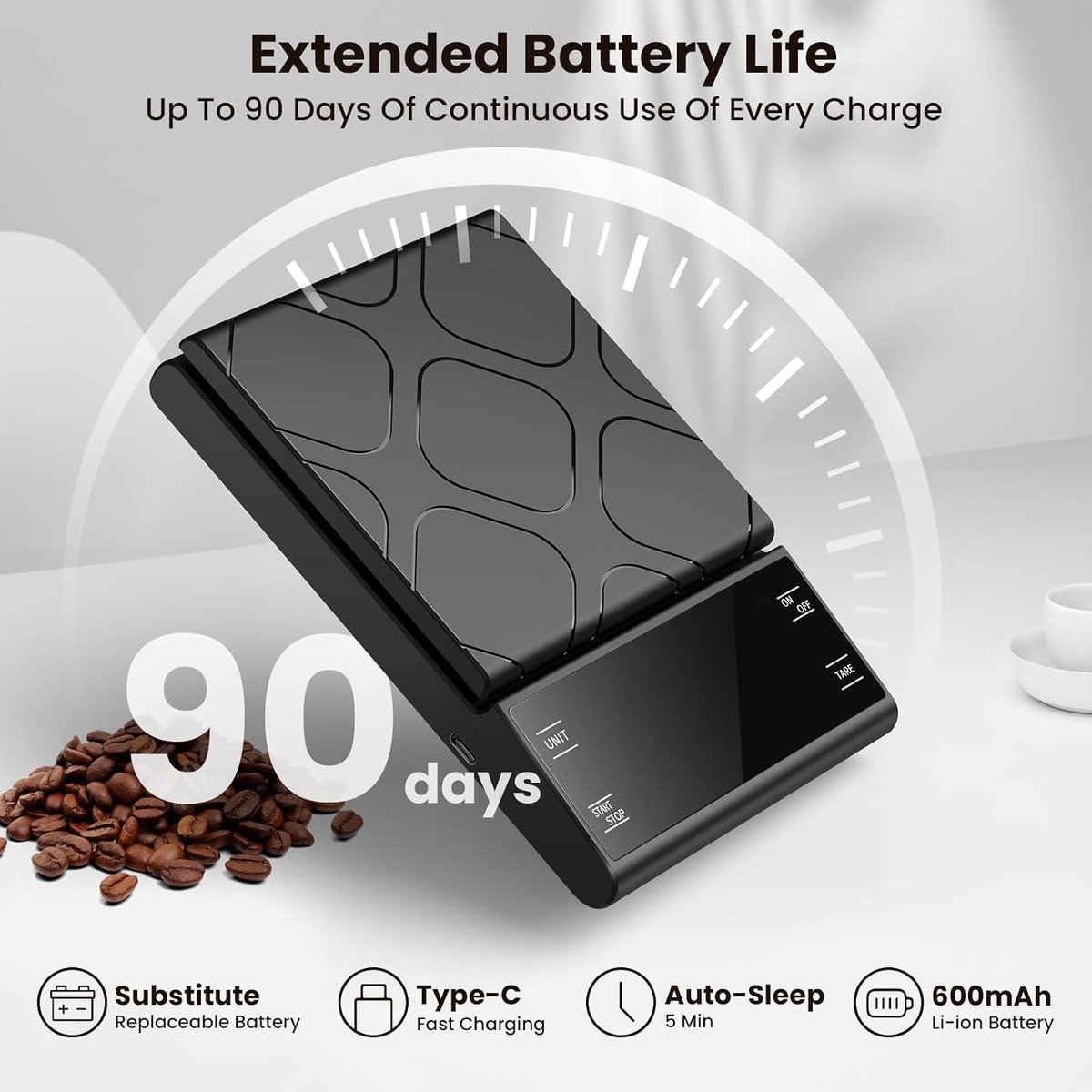 Digitale koffieweegschaal met timer, 0,1 g, zeer nauwkeurige, oplaadbare espressoweegschaal met 4 modi en automatische tarering voor espresso en pour-over, capaciteit van 5000 g