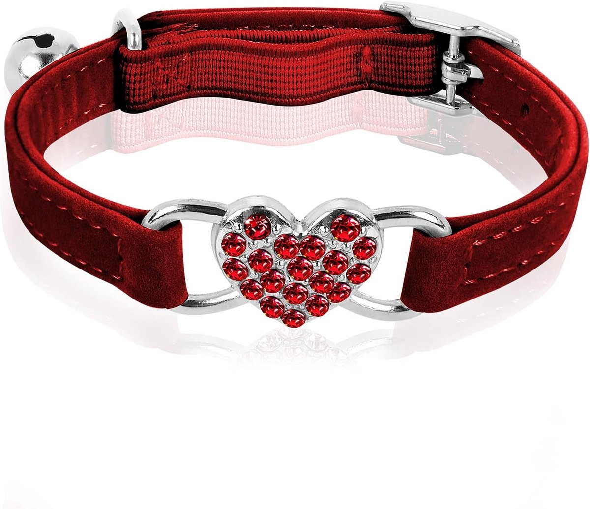 Bling Hart Kattenhalsband met Bel, Verstelbare Veiligheidsband, Strass Versiering voor Kleine Katten en Honden, Rood, Comfortabel en Duurzaam