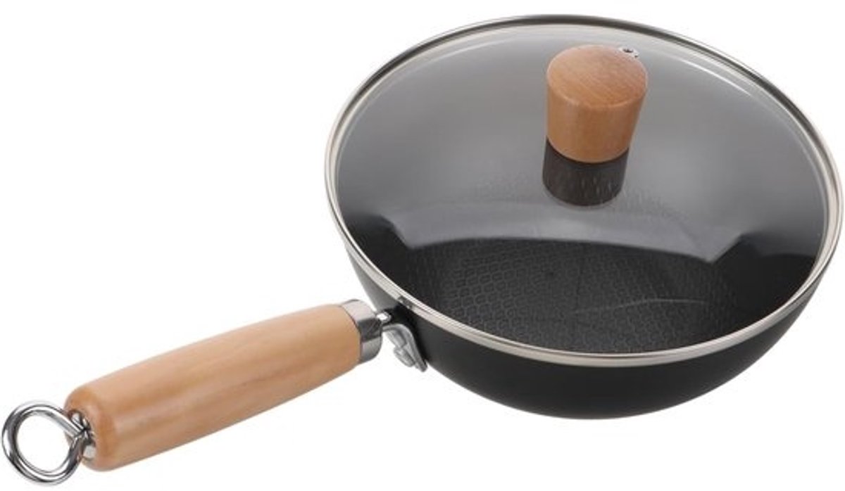 Wokpan Met Deksel - Roerbakpan Kookgerei - Traditioneel Koken - Antiaanbaklaag - 20 Cm Diameter - Zwart