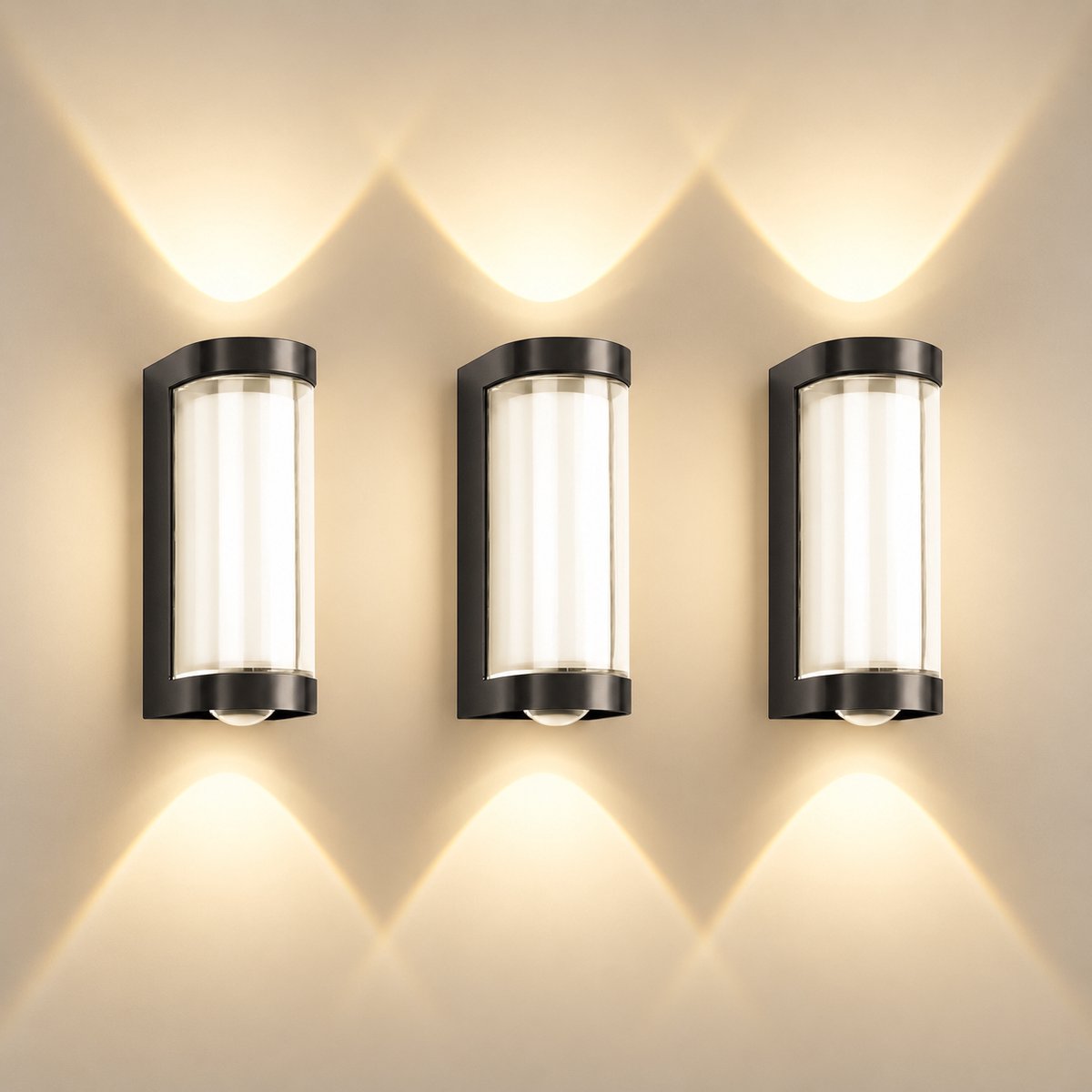 LOVHAUS Set van 3 LED Wandlampen – Zwart – Up & Down – IP65 – Warm Wit 3000K