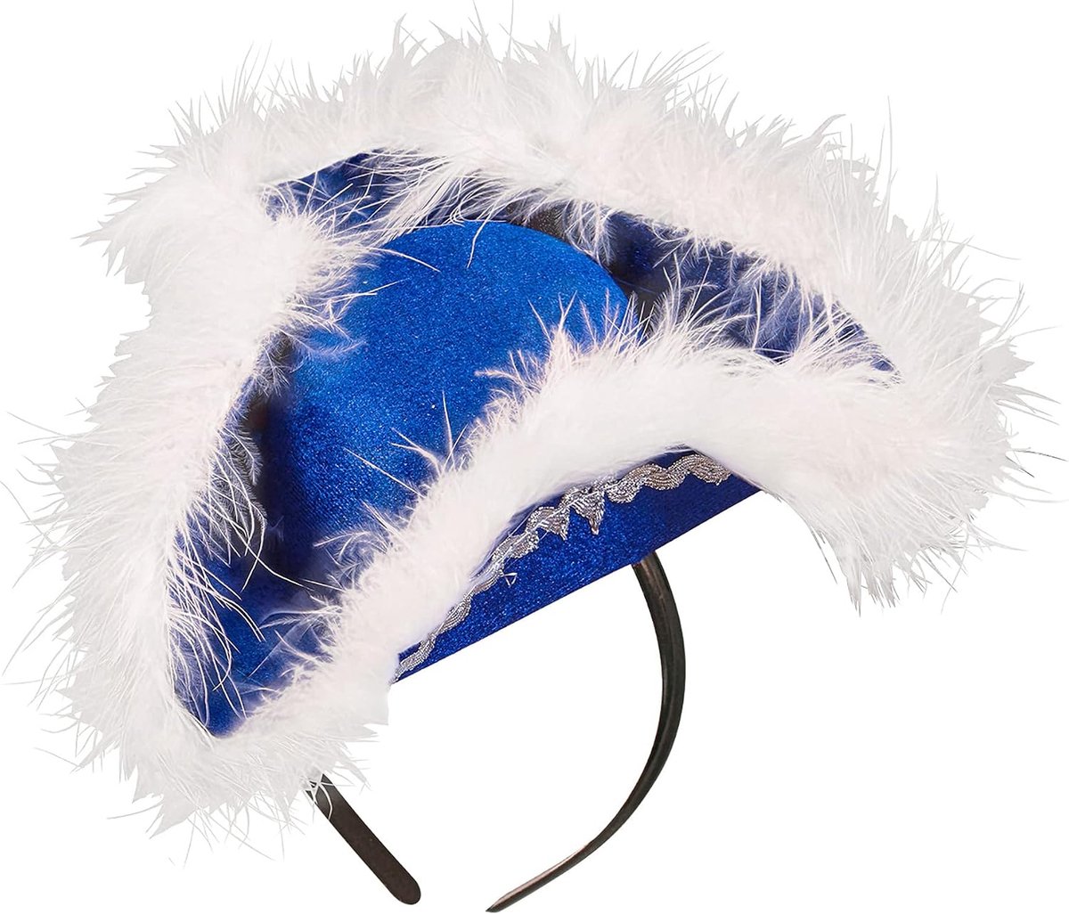 Mini vilten tricorne met hoofdband, volwassen vrouw, maraboe afwerking, majorette, carnaval, themafeesten, blauwe kleur