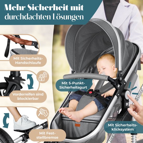 KESSER® Kinderwagen 3 in 1 Loops Wandelwagen Set incl. Autostoel & Reiswieg & Buggy Sportzitje - Massieve Rubberbanden - Luiertas / Regenhoes - Asfalt-Grijs / Zilver — afbeelding 3