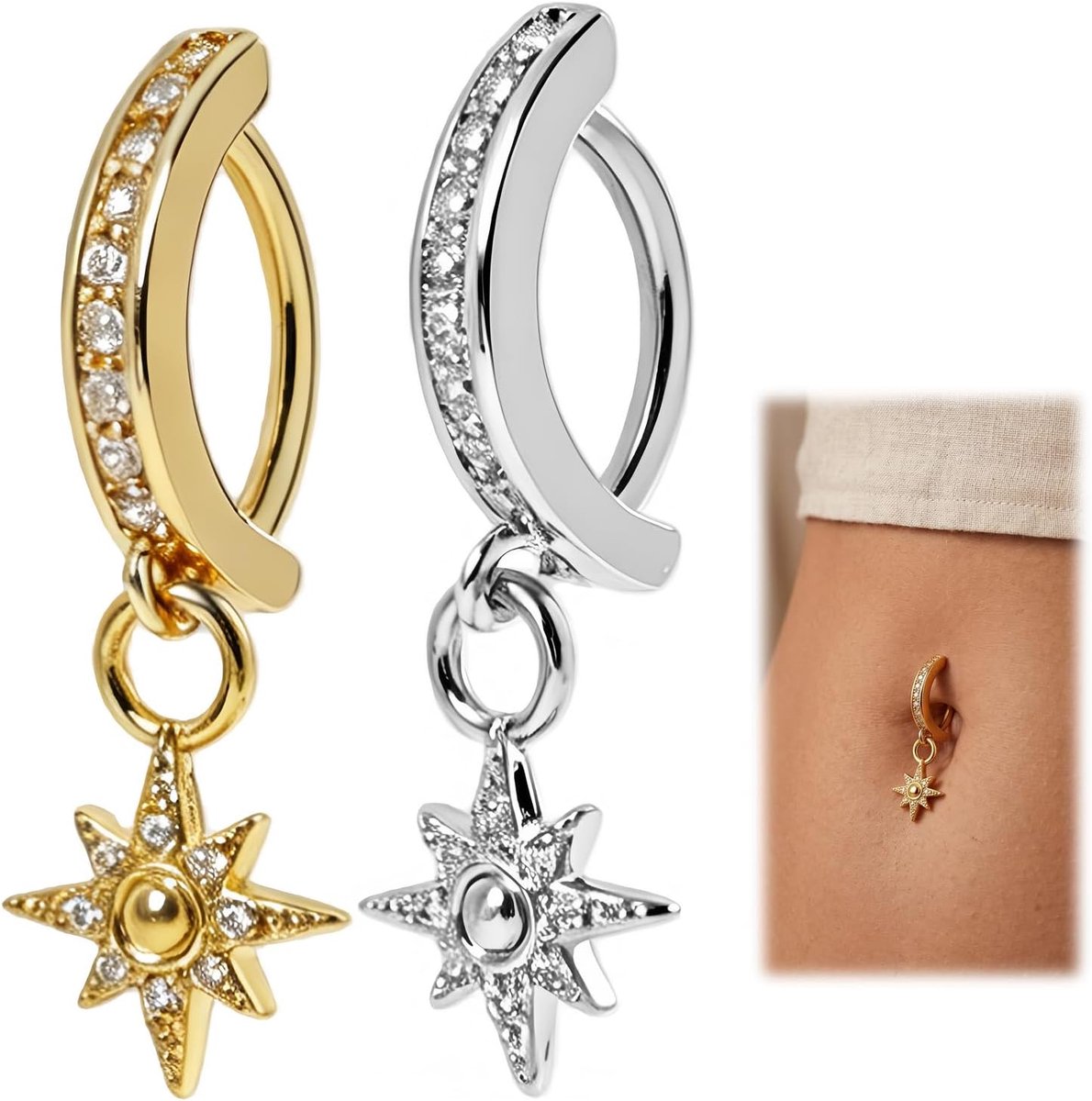 Ringen, hanger met 8 punten, goud en zilver, roestvrij staal, clicker buikring voor dames