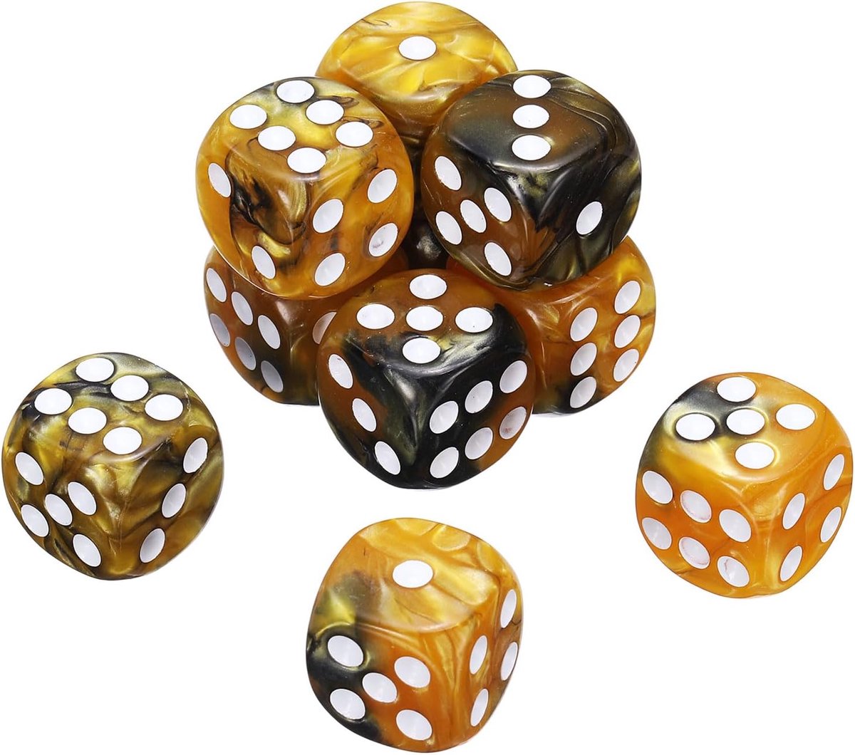 10 stuks kleurrijke standaard dobbelstenen met 6 pagina's, 16 mm D6 van acryl mini-set tweekleurige polycderrische dobbelstenen met parelpatroon voor bordspellen, zwart/geel, witte stippen