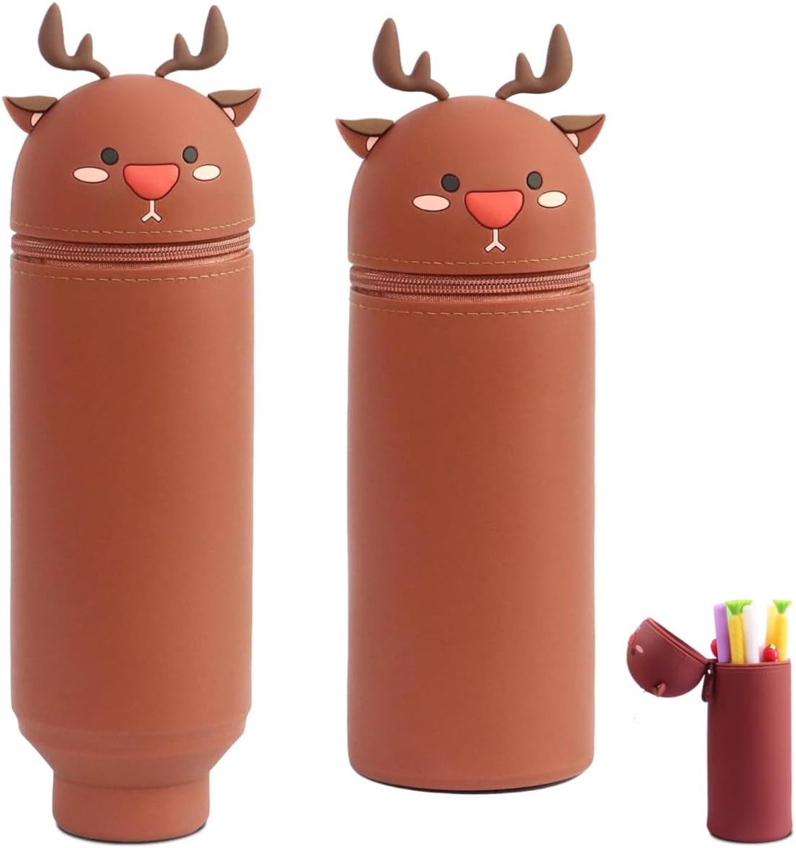 Pencil Case 2-in-1 zachte siliconen Kawaii hert desktop penhouder rits sluiting opbergtas potlood tas potlood hoezen voor kinderen volwassenen, bruin, animal