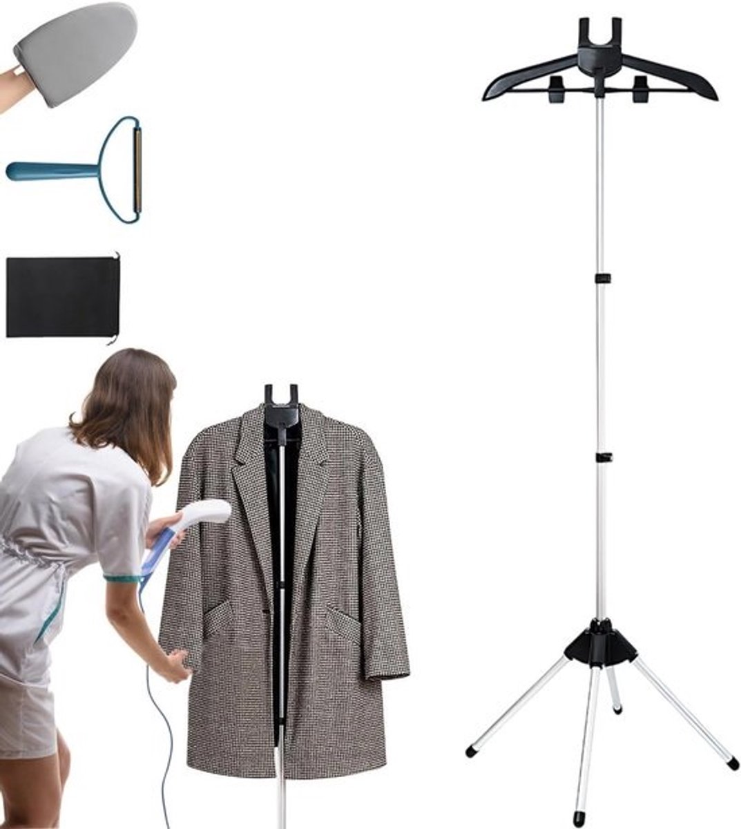 Kledingstomer Statief - Stoombeugel Kleding - Kreukvrij Maken - 360 Graden Draaibaar - Verstelbaar 160cm - Zwart