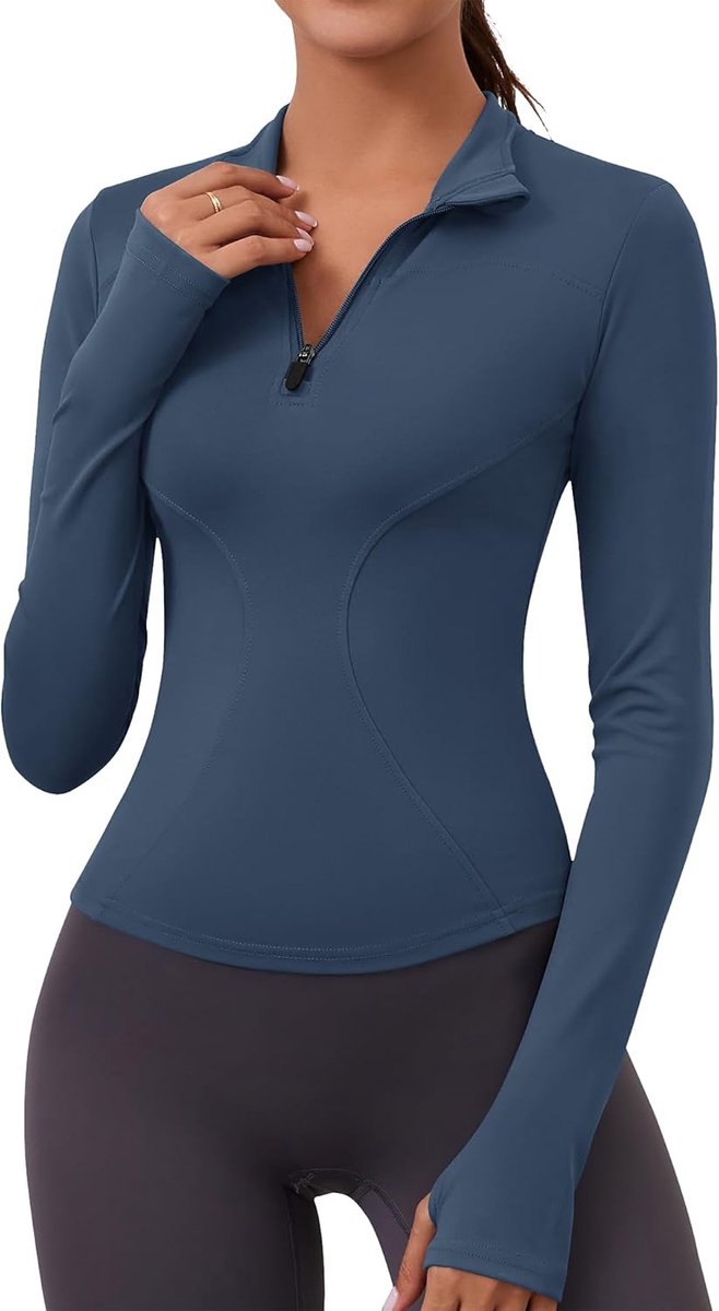 T-shirt voor dames, lange mouwen, sportshirt, gymtop, hardloopshirt, licht, fitnessbovendeel, 1/4-ritssluiting, duimgat