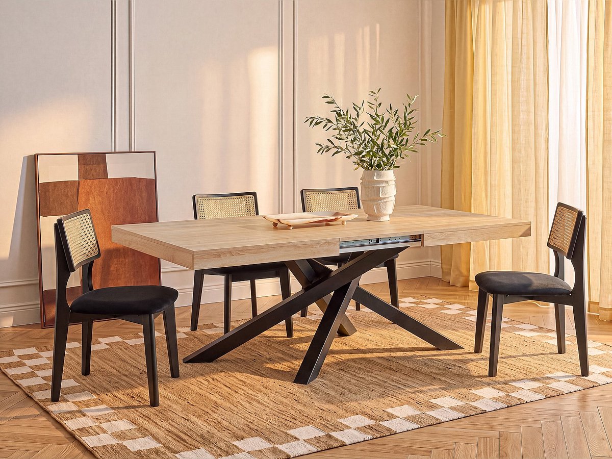 Vente-unique Uitschuifbare eettafel voor 6 tot 12 personen in MDF en metaal - Naturel en zwart - CATONAV
