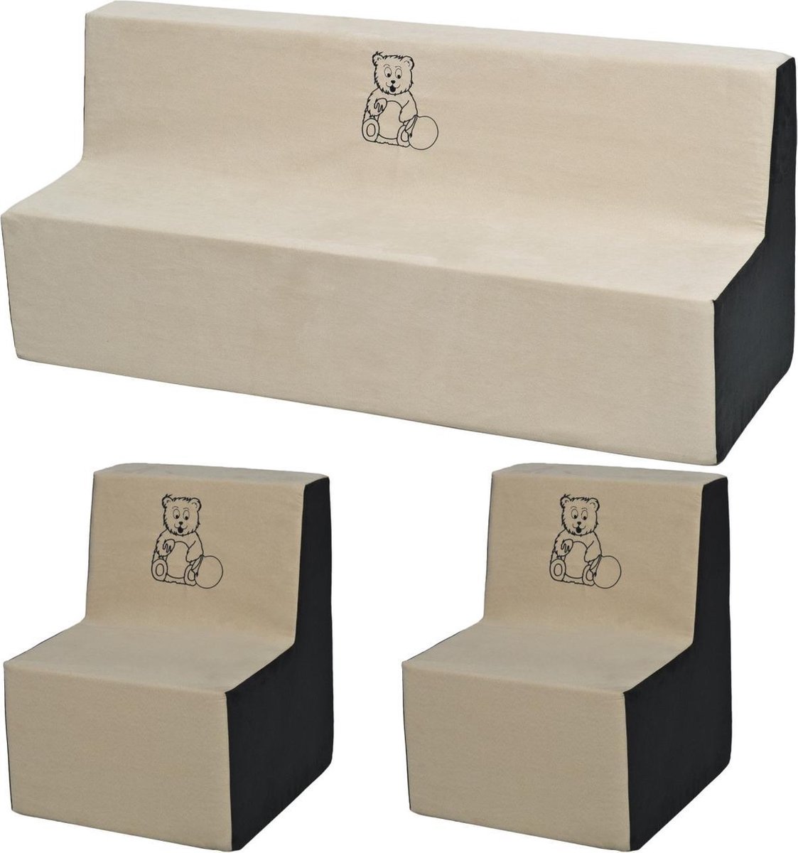 Zachte Foam meubels borduurwerk set: 2xbank + Bank voor kinderen, kinderen, comfortabel, ontspannen - beige en grijs