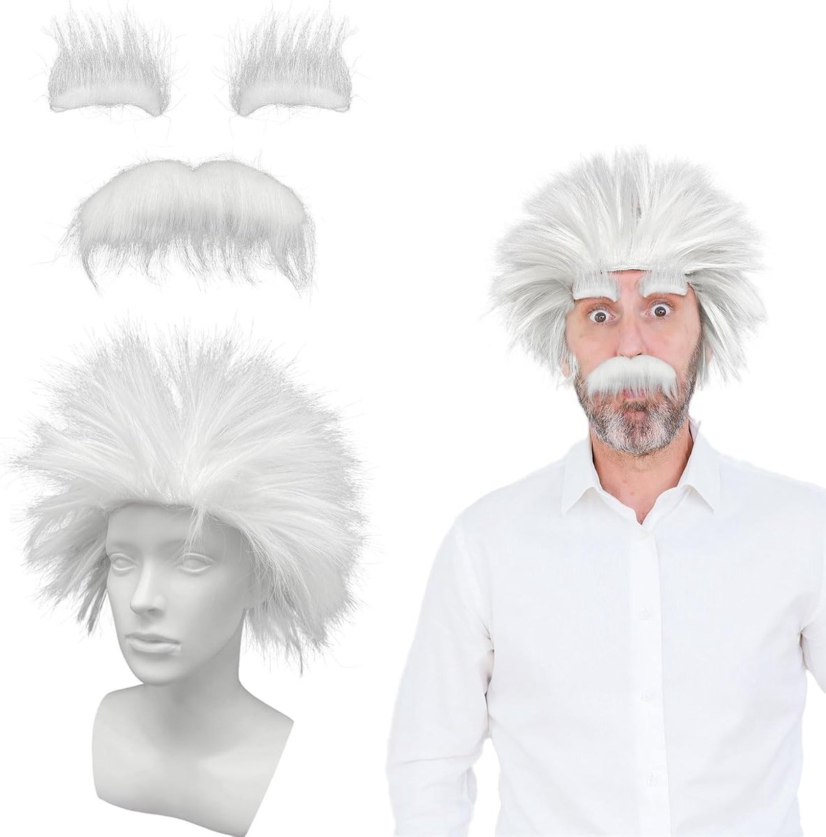 Mad Scientist Kostuum Set - 3 Delen met Professor Peruk, Snor en Witte Baard voor Cosplay, Themapartijen en Festivals