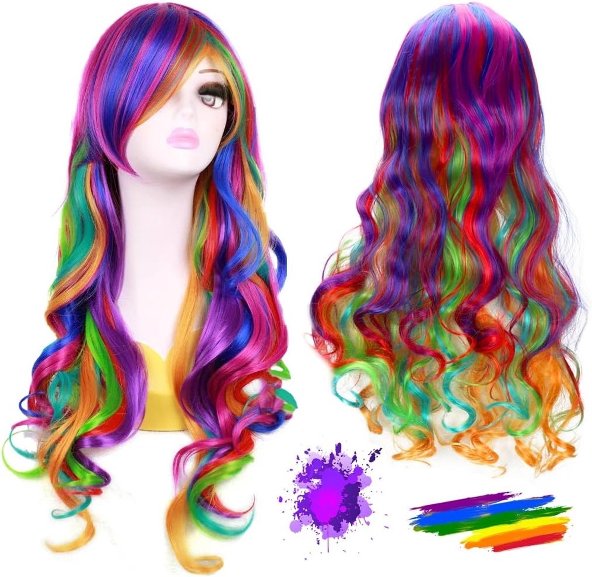 Kleurige Lange Golvende Peruk voor Vrouwen - Ideaal voor Carnaval, Cosplay en Feestjes