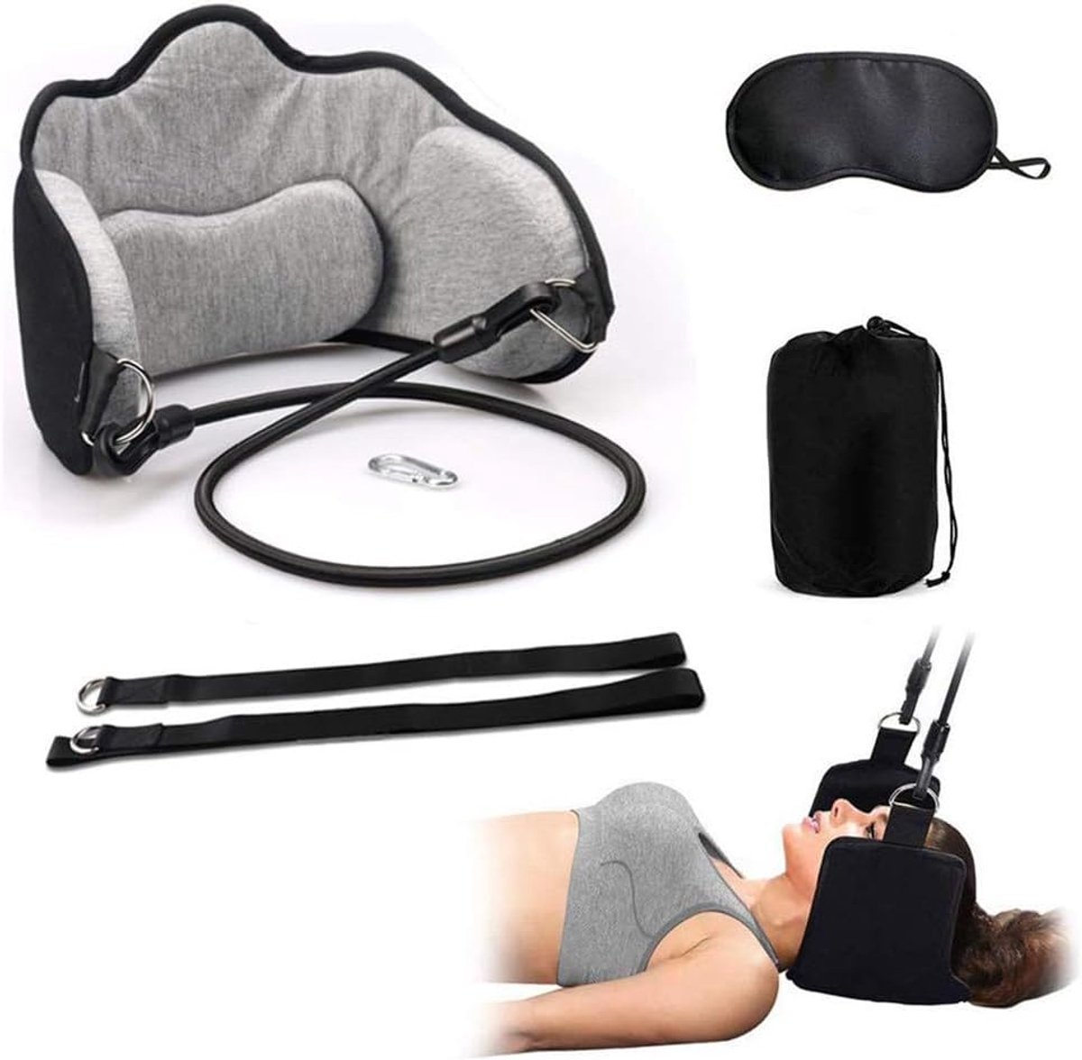 Hangmat voor nek, draagbare cervicale tractie nek schouderspieren, geheugenschuim nek ontspannen massager met oogmasker, voor kantoormedewerker leraar chauffeur (lichtgrijs)