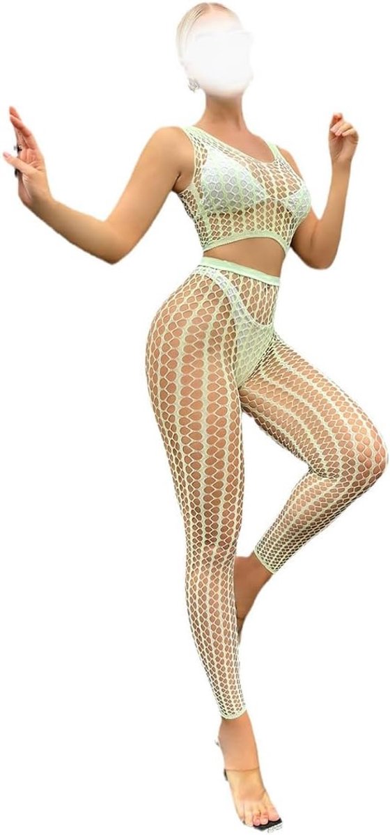 Verleidelijke Sheer Sexy Visnet Lingerie Nachtkleding voor Vrouwen - Ondeugende Mini Jurk met Lange Mouwen in Fluorescerend Groen voor Cosplay en Clubwear