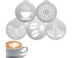 Koffiestencils van RVS - Set van 5 sjablonen voor cappuccino en latte art creaties