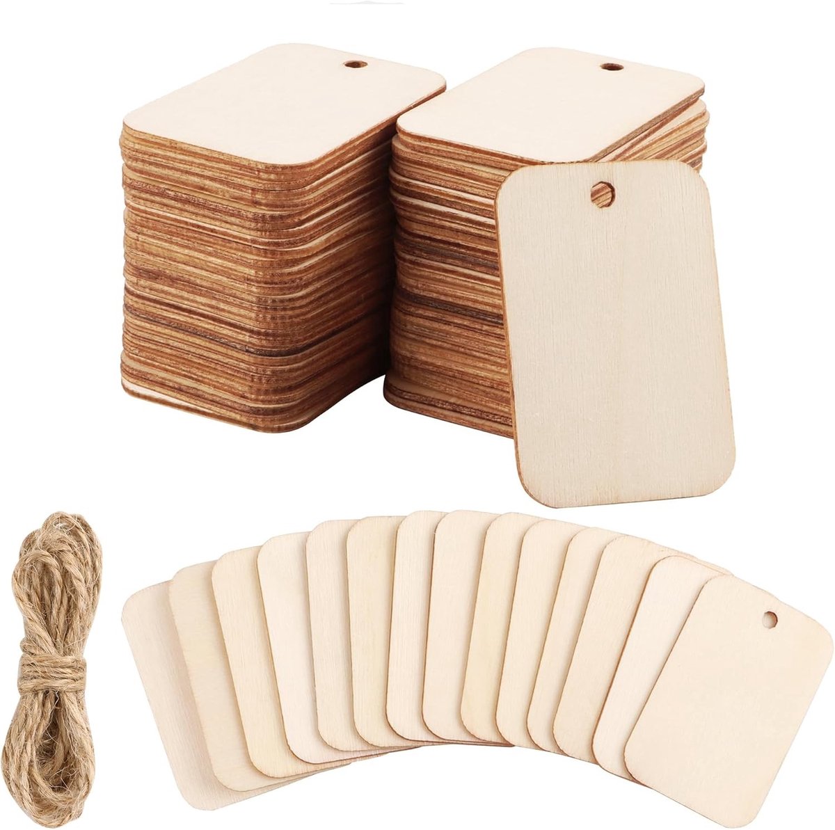 Houten Harten en Rechthoekige Hangtags - 100 Stuks met Jute Touw voor DIY Creaties, Trouwen, Feestdagen en Cadeaus